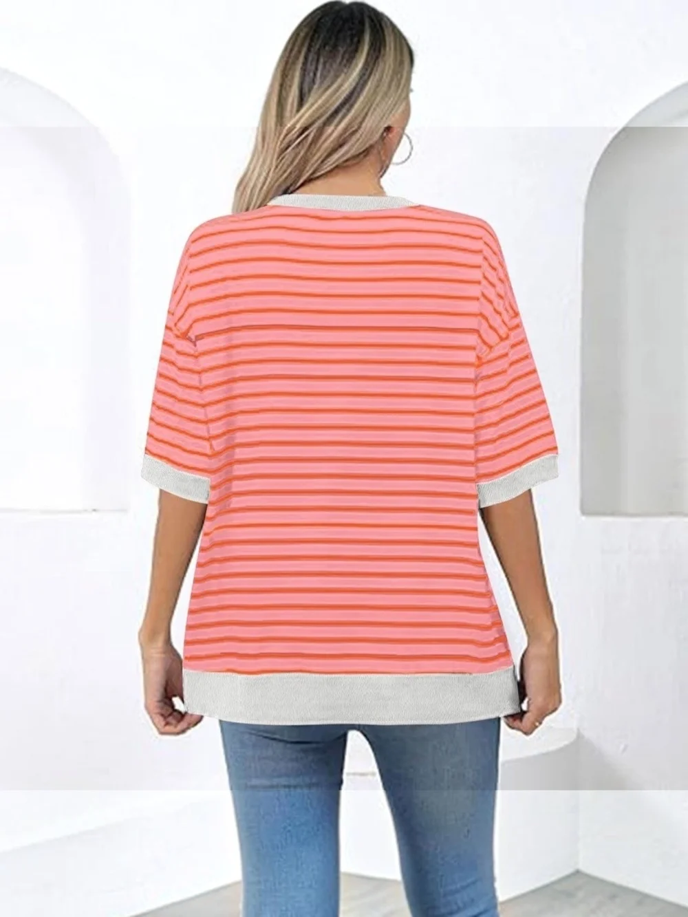 Amazon Women's Pink & Coral Striped Short Sleeve Top / Size L